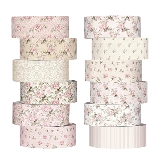 YooNotee 12 Rolls Watercolor Floral Washi Tape Set 15 mm Vintage Flower Decorative Masking Tape for Summer School Arts DIY Craft Scrapbook Journal Supplies Gifts(Dusty Pink,Rose)