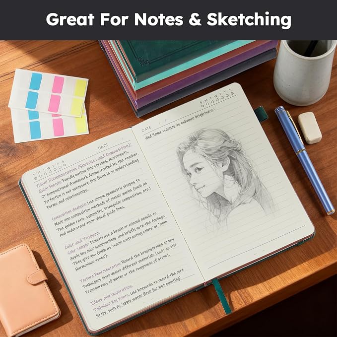 FOCUS DAY Lined Journal Notebook, A5 size (5.7'' X 8.4''), 320 Pages 100GSM Thick Paper, Leather Hardcover, for Women Men, Writing, Note Taking, Personal Diary, Travel Journal