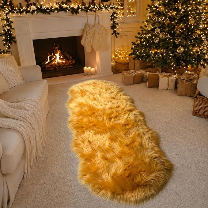 EasyJoy Faux Sheepskin Rug, Fluffy Faux Fur Rug, Ultra Soft Shag Area Rug with Non-Slip Backing for Bedroom, Living Room, Nursery, Kids Room(2 x 6 ft Sheepskin, Golden Yellow)