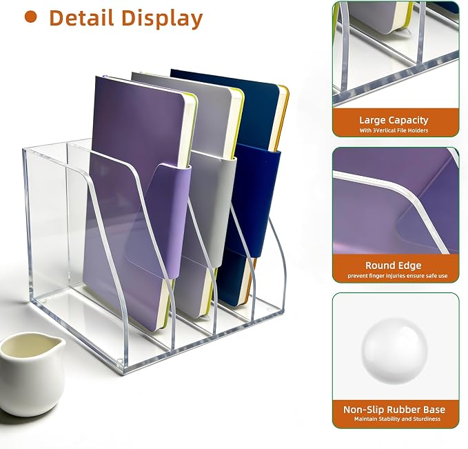 Clear Acrylic Magazine File Holder, 4 Compartment Desk Organizer | 4 spacious vertical compartments hold magazines, files, books & more. 5mm thick clear acrylic, non-slip base. No assembly.