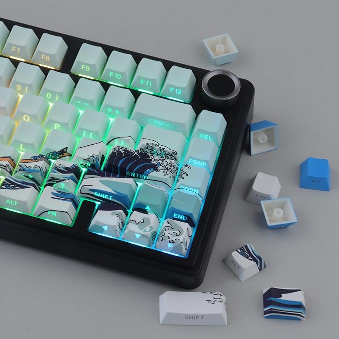 PBT Keycaps 75 Percent,Custom Cool Wave of Kanagawa Light/Sky Blue Keycaps | Tsungup Side Print 131 Keys Dye Sub Shine Through Cherry Profile Keyboard Key Caps for Mechanical Keyboard