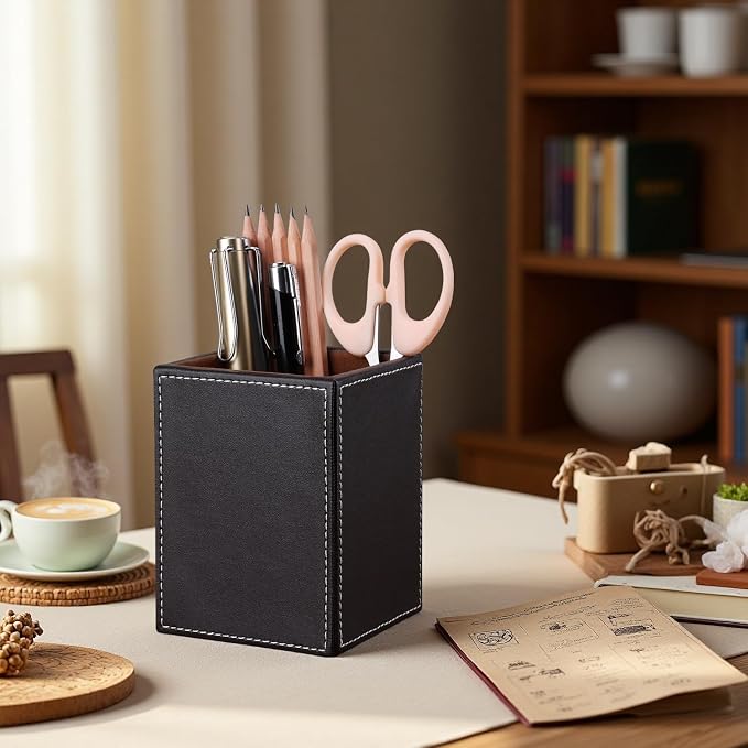 PU Leather Square Pens Pencils Holder Cup Desktop Stationery Organizer Case Office Accessories Container Box Brown