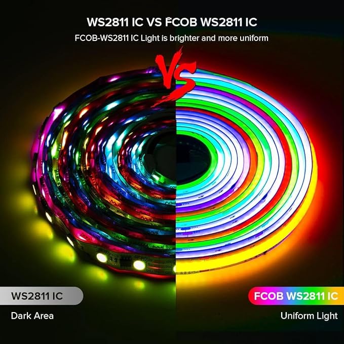 BTF-LIGHTING WS2811 Smart IC RGB FCOB COB LED Strip, UL Listed 630LEDs/m High Density Color Chasing Uniform Light, DC12V 32.8FT 10mm Width Black PCB for Home Party DIY Decor(No Adapter or Controller)