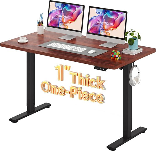 SANODESK Electric Standing Desk 55 x 28 Inches Whole-Piece Desktop Height Adjustable Stand Up Desk w/6-Button Controller Ergonomic Computer Desk for Home Office, Black Frame + Mahogany Tabletop