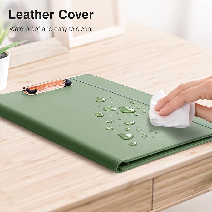Ospelelf Faux Leather Clipboard with Storage Foldable Clipolio with Notepad 8.5 x 11, Green Business Padfolio Portfolio for Women