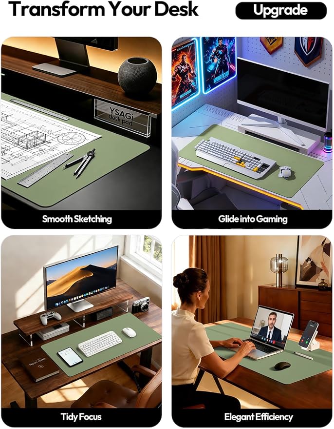 YSAGi Leather Desk Pad Protector, Office Desk Mat, Large Mouse Pad, Non-Slip PU Leather Desk Blotter, Laptop Desk Pad, Waterproof Desk Writing Pad for Office and Home (Bamboo Green,55" x 17.2")