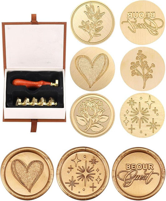 Yoption 6 Pcs Wax Seal Stamp Set, Be Our Guest, Star, Heart, Plant Sealing Stamps Kit with Wooden Handle and Brass Head for Wedding Christmas Greeting Cards Gift