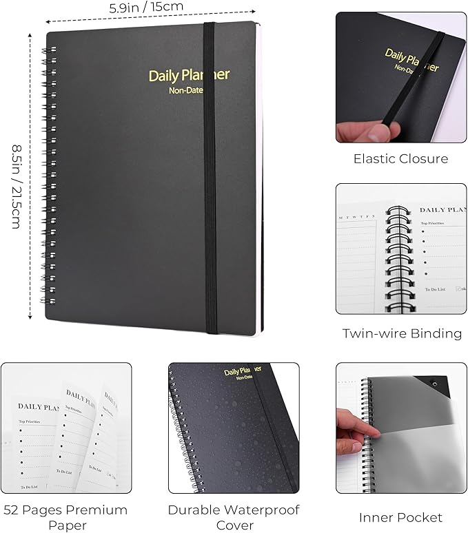 Daily Planner Undated, A5 To Do List Notebook with Hourly Schedules, Spiral Time Management Organizer for Man Women, 8.3" x 5.6" 152 Pages Black
