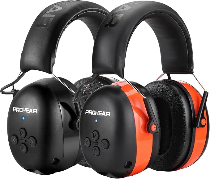 PROHEAR 037 2 Pack Bluetooth 6.0 Hearing Protection Headphones with Rechargeable, 30dB SNR Safety Noise Reduction Ear Muffs for Mowing Workshops Snowblowing, Black and Orange
