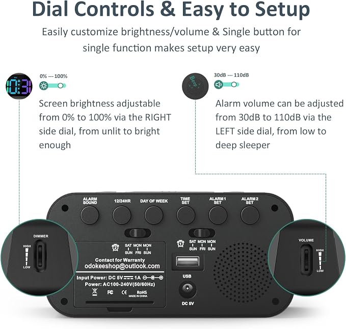 Odokee Digital Dual Alarm Clock for Bedroom with 0-100% Dimmable Display | RGB Electric Alarm Clock for Kids with Weekday/Weekend Mode - Loud Alarm for Heavy Sleepers with 5 Sounds Adjustable Volume