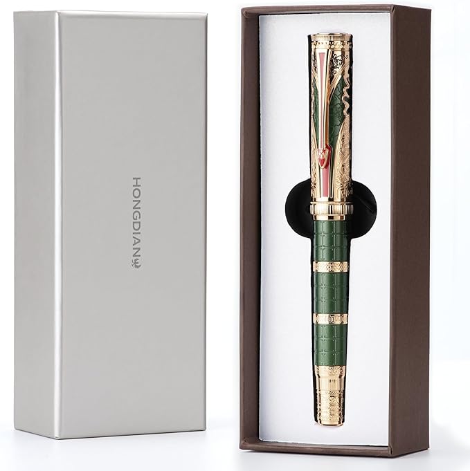HONG DIAN D5 Qin Dynasty Fountain Pen Green Gold, Fine Nib Piston Filling Pen, Retro Chinese Totem Engraving Smooth Writing Pen with Pen Box Set