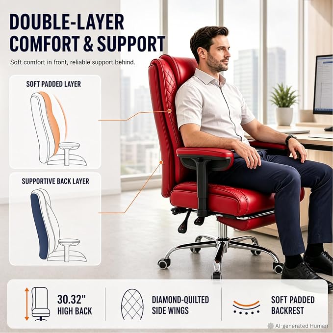 Big and Tall Office Chair，Heavy Duty Wide Executive Office Chair (Red) | Breathable Leather，Double-layered Backrest，Seat Cushion Designed of Deluxe Embroidery Leather，Foot Rest, Adjustable Armrests
