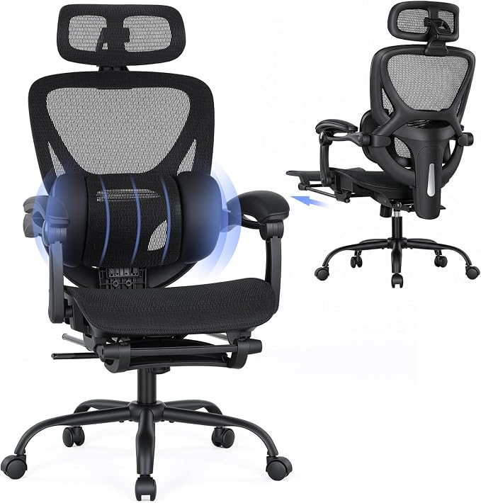 MALOL Ergonomic Mesh Office Chair with Footrest, Executive High Back Computer Desk Chair with 3D Adjustable Headrest & 5-Level Lumbar Support, Reclining Tilt Lock, 3D Arms, 300LBS Capacity, Black