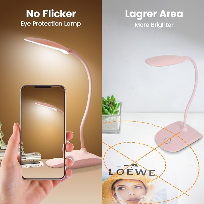 Battery Powered Desk Lamp, Portable Lamps Rechargeable 3 Color Modes Touch Control Stepless Dimming, Wireless Desk Lamp with 2000mAh, Small LED Table Light for Dorm Study Office Bedroom,Pink