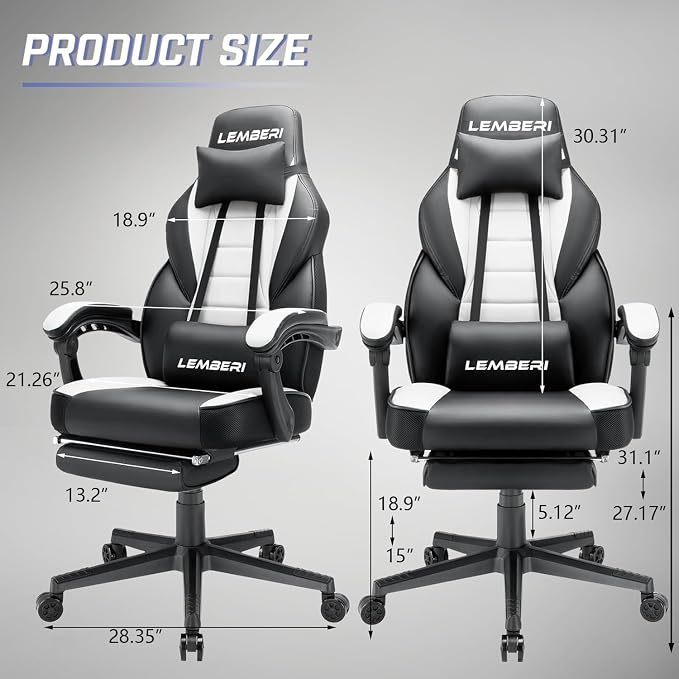LEMBERI Big and Tall Gaming Chair 400lb Capacity, Heavy-Duty Office Chair with Reinforced Footrest, Wide Seat High Back PC Desk Chair with Linkage Armrests, Thickened Steel Frame, PU Leather, White