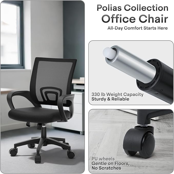 Ergonomic Mesh Office Chair, Heavy Duty 330 Lb Capacity 24 Pack, Black | Mid-Back Desk Chair, Rolling Wheel, Breathable Mesh Backrest & Lumbar Support, Adjustable Height, Sponge Seat for Home Office