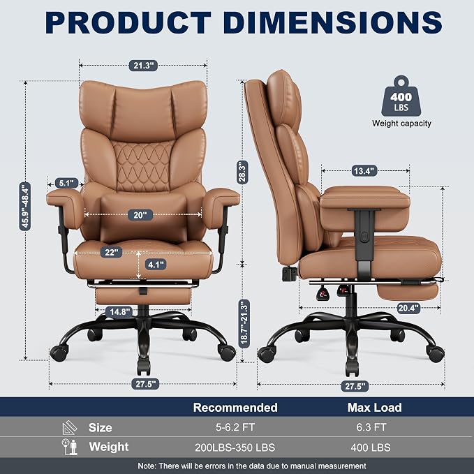 Misolant Big and Tall Office Chair with Footrest, High Back Executive Desk Chair with Adjustable Lift Armrest, 155°Recline，Lumbar Support Pillow, Faux Leather Gaming Chairs for Home or Office