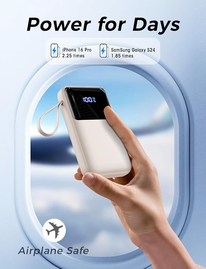 Power Bank, 15000mAh Portable Charger with Built in Cable, 22.5W Fast Charging, 6 Outputs, Slim Travel Essential Battery Pack with LED Display, Compatible with iPhone 17/16/15/14/13, iPad Beige