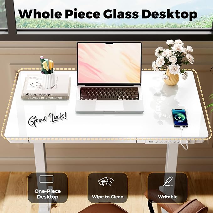 Glass Electric Standing Desk with Drawer, 31.5" x 20" Whole Piece Small Sit Stand Table, Height Adjustable Desk with Storage & USB Ports, Quick Install Home Office Computer Desk, White