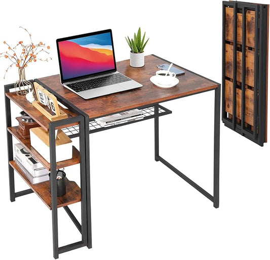 GarveeLife 35 inch Folding Desk Writing Computer Desk with Storage Shelf,Spaces Saving Writing Sturdy Table No Assembly,for for Bedroom, Home Office, Dorm, Apartment, Brown