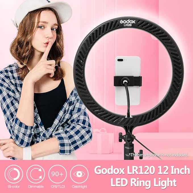GODOX LR120 12 Inch LED Ring Light Photography Light Fill-in Light 3000K-6000K Bi-Color Temperature Adjustable Brightness USB Powered with Phone Holder for Live Streaming Selfie Makeup Photography