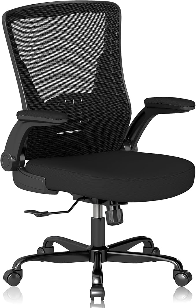 Ergonomic Office Chair – Comfy Mesh Desk Chair with Flip-Up Armrests & Smooth-Rolling Caster, Adjustable Height Home Computer Chair, Breathable & Supportive for Long Hours Sitting