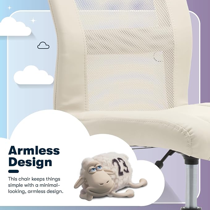 Serta Armless Small Home Desk Chair with Wheel, Ergonomic Mesh Office Chair | Leather and Foam Cusioned Seat, Adjustable Height, Small Vanity Chair for Bedroom and Small Spaces, 360° Swivels, Cream White
