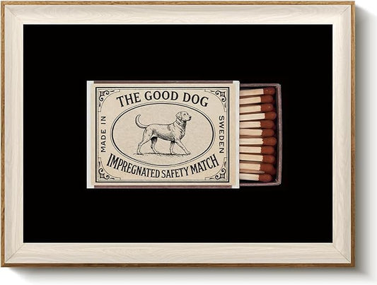 VIYYIEA Vintage Framed Wall Art for Living Room, Swedish Match Dog Canvas Painting, Retro Illustration Print, Wall Decor for Bathroom Bedroom, 16L x 12W