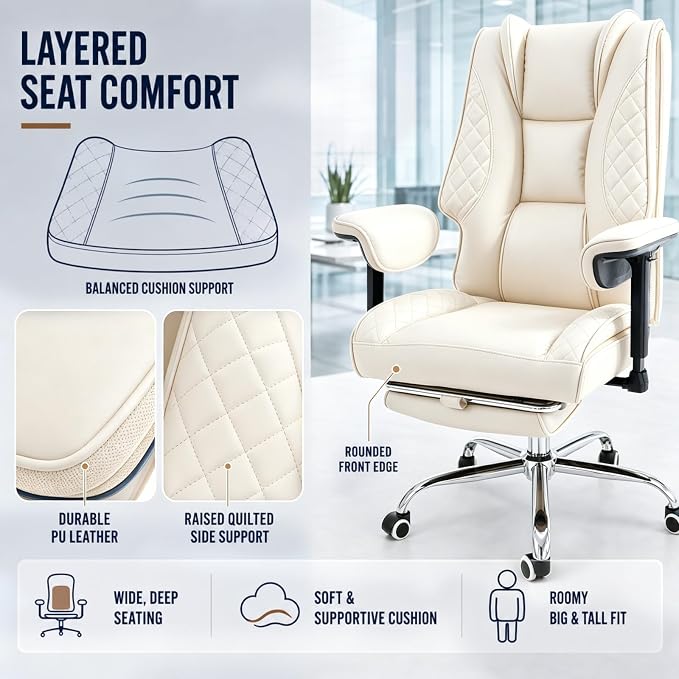 Big and Tall Office Chair Heavy Duty Wide Executive Office Chair(Beige) | Breathable Leather，Double-layered Backrest，Seat Cushion Designed of Deluxe Embroidery Leather，Foot Rest, Adjustable Armrests