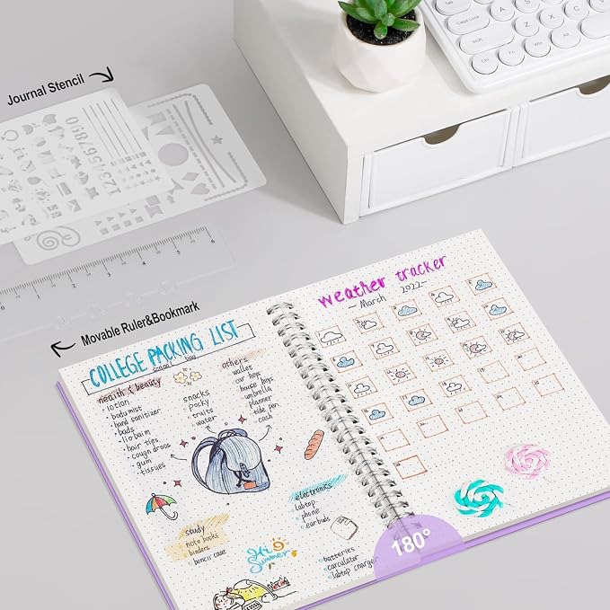 AHGXG Dotted Journal - Dot Grid Spiral Notebook A5, 160 Pages, 100 GSM Thick Paper, Waterproof Plastic Cover Journals for Bullet Journaling, Sketching, 5.7" x 8.3", Purple