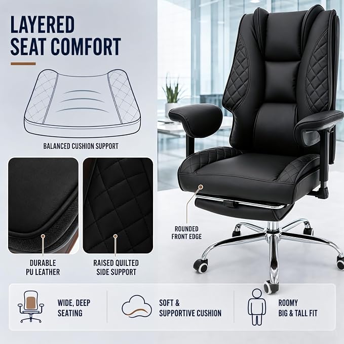 Big and Tall Office Chair Heavy Duty Wide Executive Office Chair (Black) | Breathable Leather，Double-layered Backrest，Seat Cushion Designed of Deluxe Embroidery Leather，Foot Rest, Adjustable Armrests