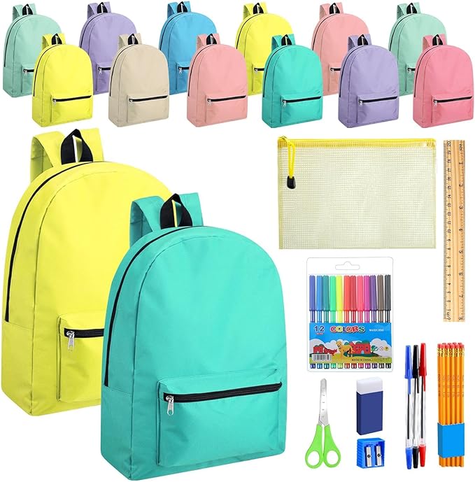 Silkfly 12 Pcs 17" Backpacks with 144 Pcs School Supplies Kits Includes Markers Scissors Rulers Sharpeners Ballpoint Pens Erasers Pencil Cases Pencils for Elementary Middle High School