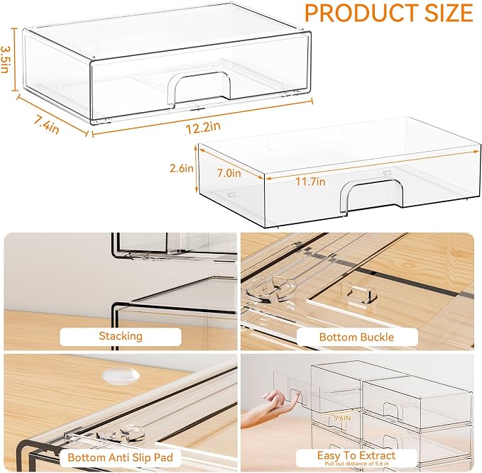 12.1''W Clear Stackable Storage Drawers,4Pcs Acrylic Drawer Organizer for Hair Accessories,Makeup Organizers,Plastic Office Supply Organizer for Pen,Pencil,Medicine,Accessory,Craft Organization