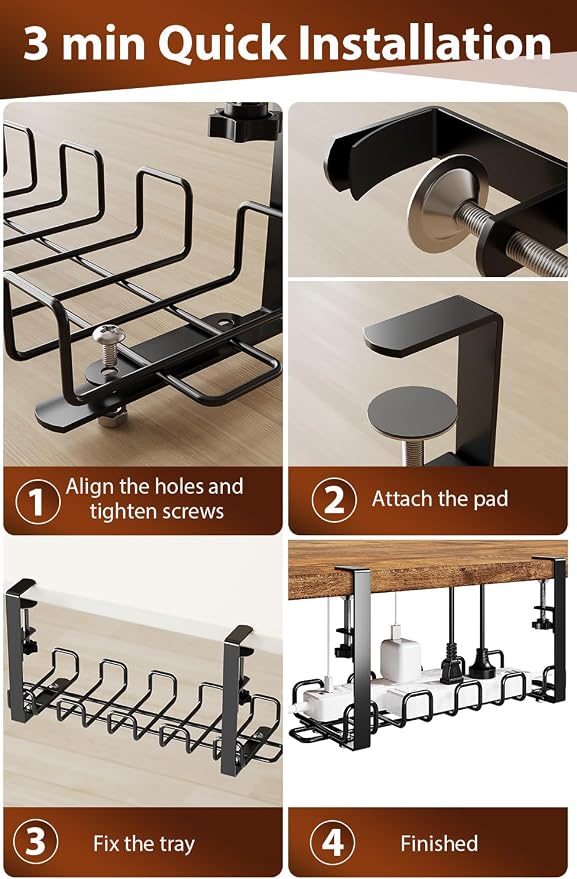 Cable Management Tray Under Desk 15.8'' - 4mm Wire Sturdy Cord Organizer for Desk Accessories - Cord Organization with Clamp No Drill - Standing Desk Accessories for Home Office