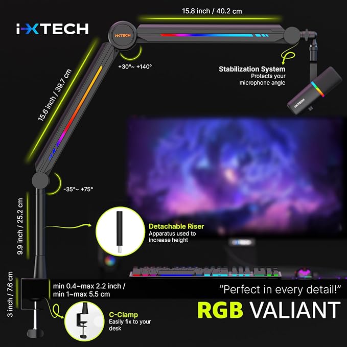 IXTECH RGB Mic Boom Arm High Profile, Overhead Boom Arm Microphone Stand Desk Mount, Adjustable Microphone Stand with Desk Mount, Mic Arm for Live Streaming Gaming Podcasting Recording.