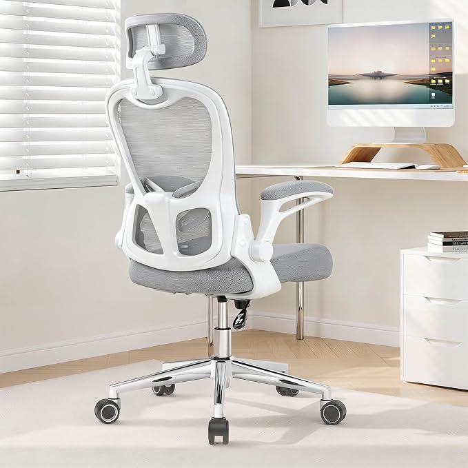 Office Chair, Ergonomic Breathable Mesh Chair,Flip-Up Arms and Adjustable High Back Lumbar Support,Comfy Computer Chair for Home Office (Grey, 407)