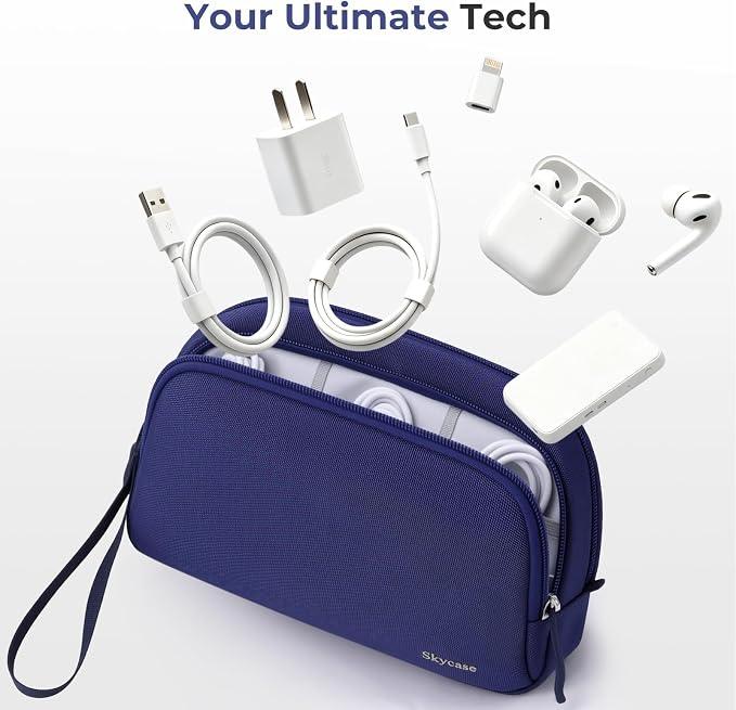 Skycase Travel Cable Organizer - Lightweight Water Resistant Dual-Layer Tech Pouch with Wrist Strap 10 Compartments Electronic Organizer Travel Case for Charger Cord Hard Drive,Medium,Blue