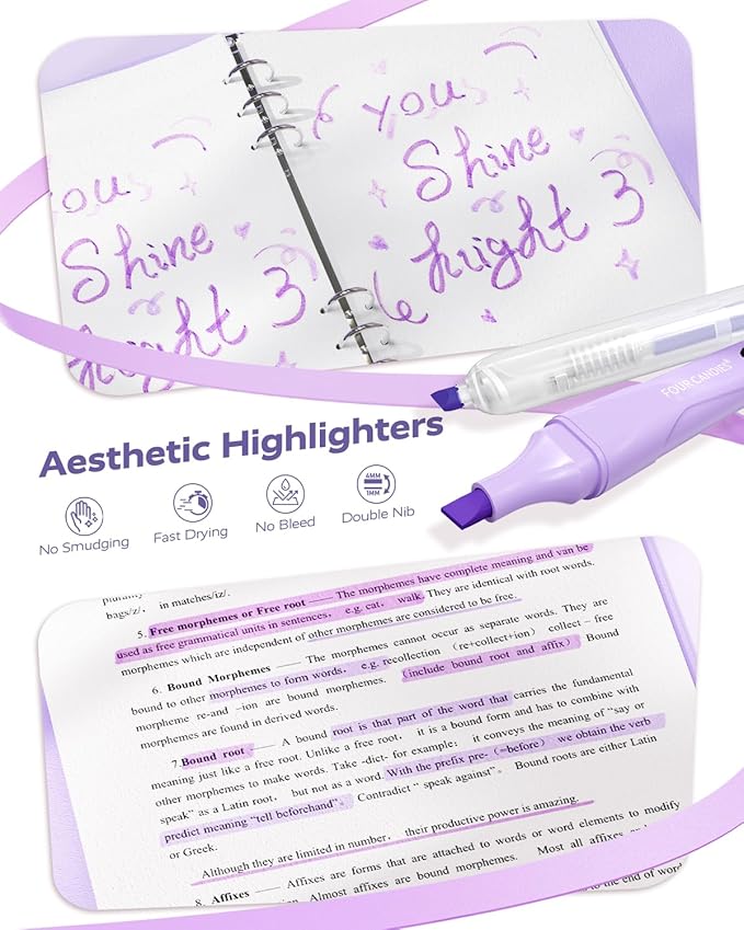 Four Candies Purple School Supplies, Gel Pens with Black Ink,Correction Tapes,Pastel Highlighters, Mechanical Pencils, Sticky Notes, Index Post for Bible Study Stationary College Essentials