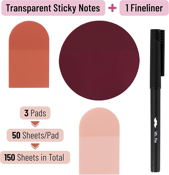 Mr. Pen- Transparent Sticky Notes with Pen, 150 Sheets, Desert Rose, Bible Sticky Notes for Books