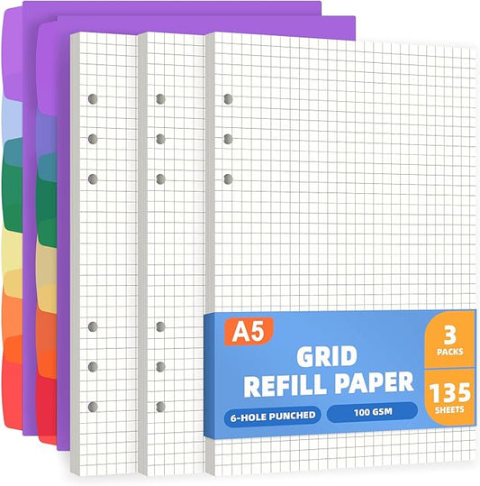 Antner A5 Grid Refill Paper Planner Inserts for A5 6-Ring Binder, 135 Sheets 6-Hole Graph Rule Loose Leaf Filler Paper Refills with 12PCS Binder Dividers for Refillable Notebooks, Bullet Journal, Math