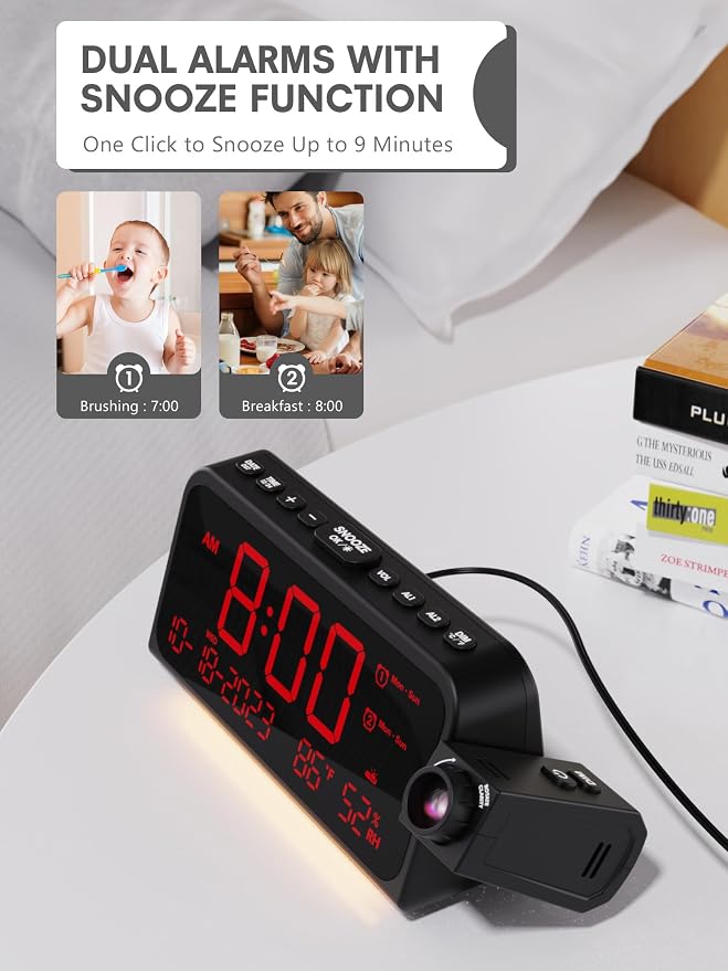 Mesqool Projection Alarm Clock Ceiling Display, with Temperature, Humidity | Dual Alarms, 5-Level Dimmer, Date, Night Light, Weekday/Weekend Mode, 12/24H, DST, , Snooze, 180° Rotatable, for Bedroom