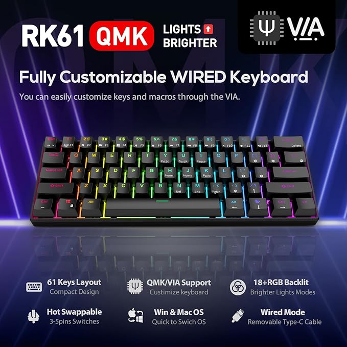 RK ROYAL KLUDGE RK61 Wired 60% Mechanical Gaming Keyboard Programmable QMK/VIA RGB Backlit 61 Keys Ultra-Compact Hot Swappable Red Switch Black