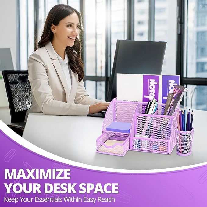 Flexzion Desk Caddy Organizer Set (Purple) - Metal Mesh Desktop Caddy with Drawers, 6 Compartments, and Pencil Holder for Women & Men - Desktop Organizer and Storage for Work or Office Supplies | Compact Desktop Caddy with Separate Pen Holder; 8.7 X 5....