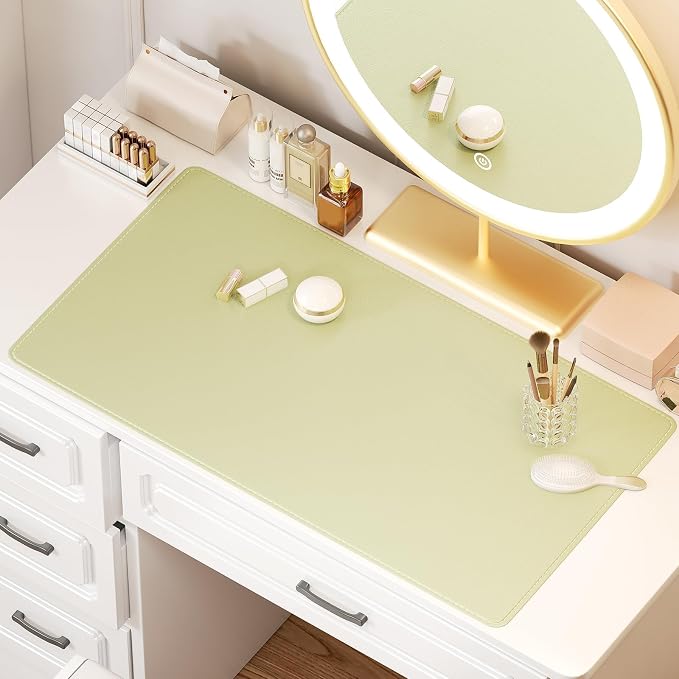 Makeup Mat, Dual-Sided Waterproof Vanity Protector Mat, Non-Slip PU Laptop Pad, Large Mouse Mat, Dresser Cover Accessories, Writing Desk Pad for Office and Home Decor, Green 31.5x15.7in