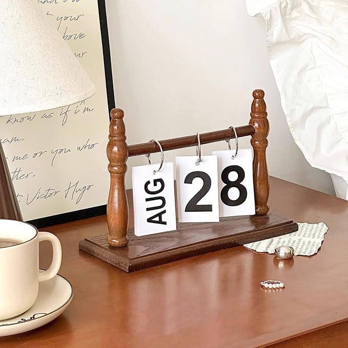 Wooden Perpetual Desk Calendar - Vintage Rustic Flip Calendar with Metal Rings & Reusable Daily Date Cards(Dark Brown)