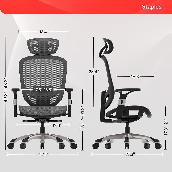 STAPLES Hyken Ergonomic Task Chair, Mesh, Ergonomic, Lumbar Support, Swivel, Gray