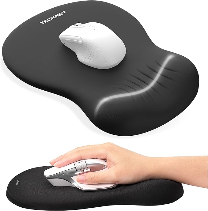 TECKNET Ergonomic Mouse Pad with Wrist Rest, Memory Foam Mousepad with Wrist Support, Smooth Surface, Middle Concave & Non-Slip Base for Laptop/PC, Pain Relief for Home Office Gaming, Black
