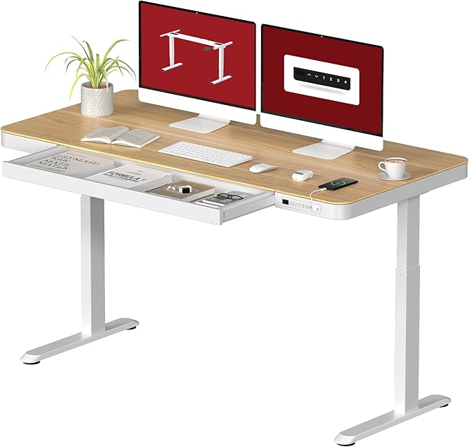SANODESK Standing Desk with Drawer, Electric Height Adjustable Home Office Desk with Storage & USB Ports, 55 inch Maple Wood Tabletop/White Frame
