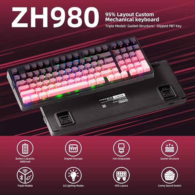 ZORNHER ZH980 Mechanical Keyboard Wireless,95% Pink Creamy Keyboard with Number Pad,Gaming Keyboard with Number Pad,Lighted Up PBT Keycaps,Creamy Sounding Linear Switches,Full Size