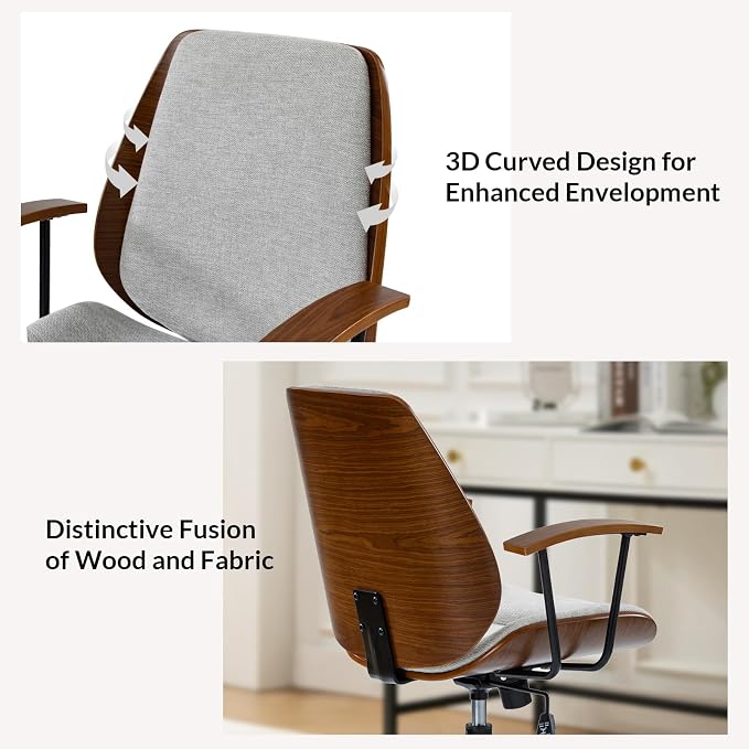 Modern Ergonomic Office Chair with Wood Frame & Metal Base, Swivel Home Office Desk Chairs with Adjustable Height, Comfy Upholstered Computer Chair, Grey